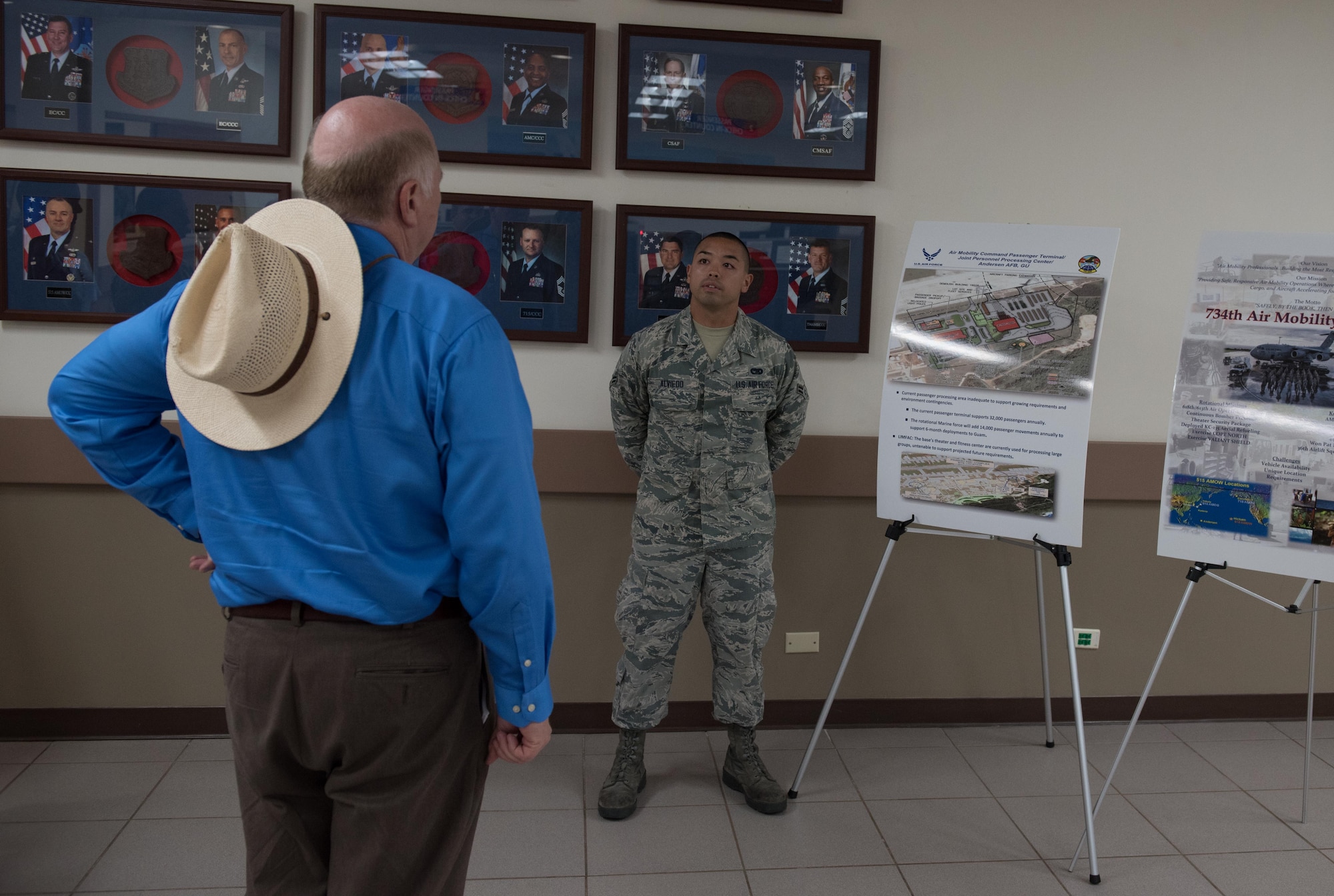 Airman 1st Class Joseph Alviedo, 734th Air Mobility Squadron, right, briefs Jay Hone, the husband of Secretary of the Air Force Heather Wilson, during a refueling visit Jan. 25, 2018, at Andersen Air Force Base, Guam. During their visit, Wilson and Hone met with Airmen from the 36th Wing and learned more about Andersen’s unique mission in the Pacific region. (U.S. Air Force photo by Staff Sgt. Alexander W. Riedel)