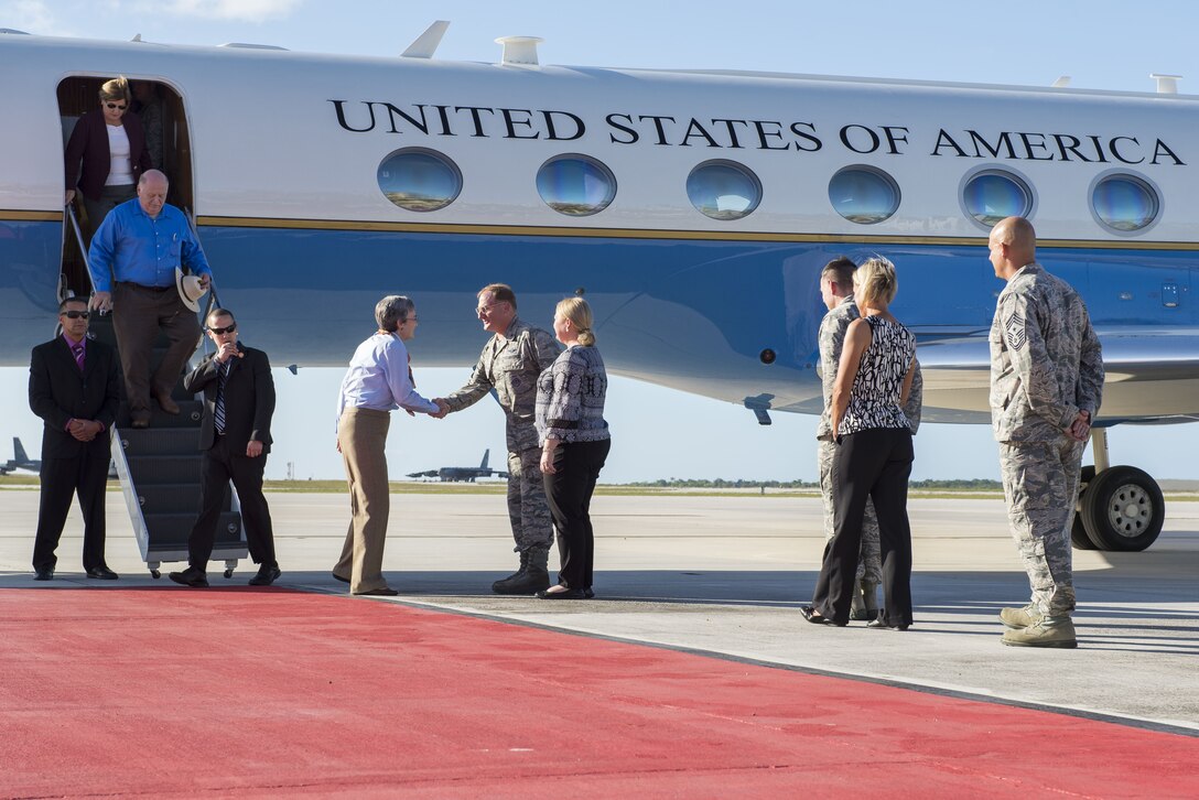 Secretary of the Air Force Heather Wilson lands at Andersen Air Force Base, Guam, Jan. 25, 2018. This visit marks the first time she has been to Andersen AFB. (U.S. Air Force photo by Airman 1st Class Christopher Quail)