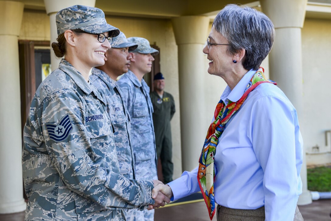 Secretary of the Air Force Heather Wilson speaks to Airmen assigned to the 36th Wing during a base visit at Andersen Air Force Base, Guam, Jan. 25, 2018. During the tour, Wilson reiterated the importance of readiness, modernization and innovations to remain the greatest Air Force in the world. (U.S. Air Force photo by Airman 1st Class Christopher Quail)