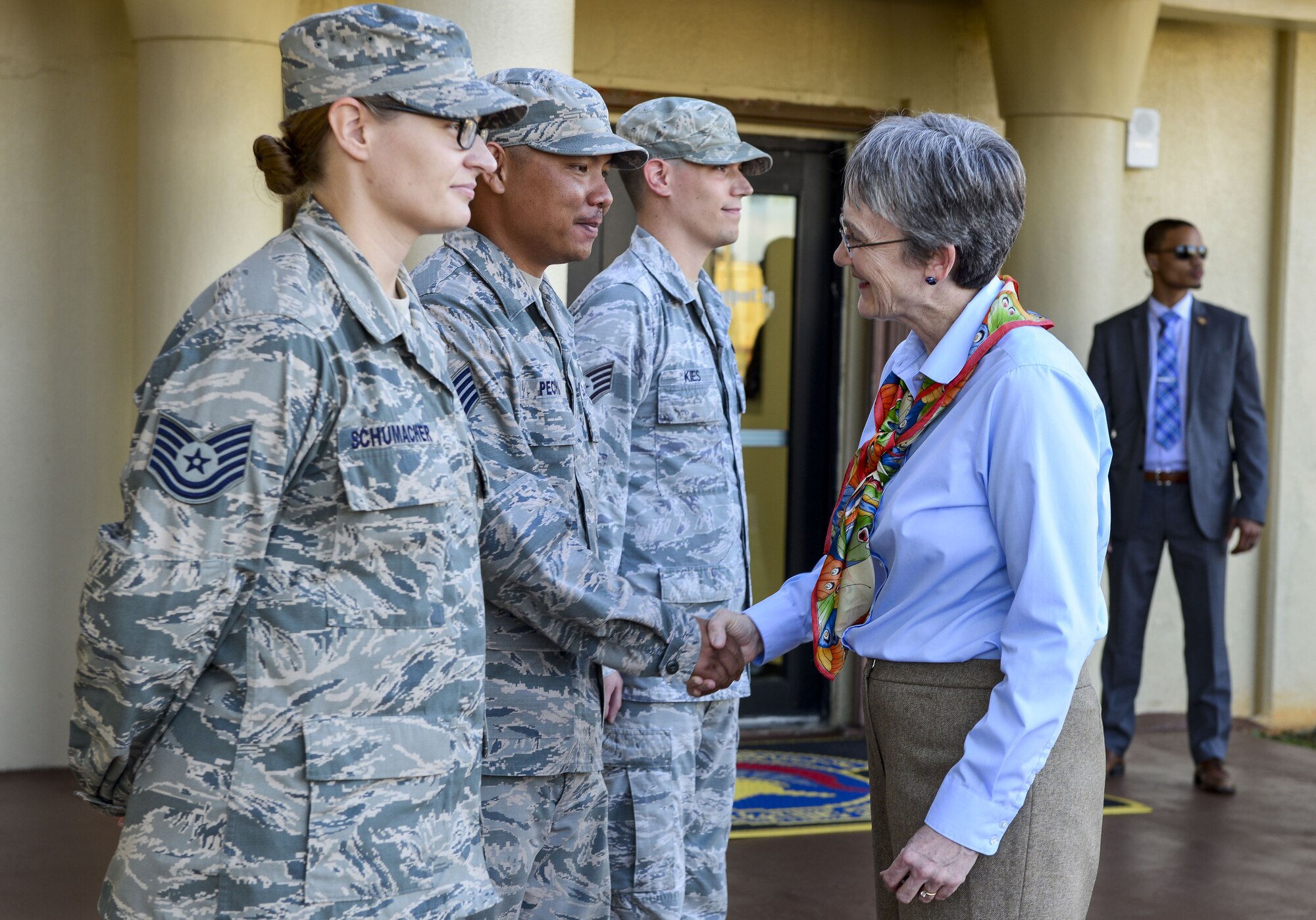 Secretary of the Air Force Heather Wilson speaks to Airmen assigned to the 36th Wing during a base visit at Andersen Air Force Base, Guam, Jan. 25, 2018. During the tour, Wilson reiterated the importance of readiness, modernization and innovations to remain the greatest Air Force in the world. (U.S. Air Force photo by Airman 1st Class Christopher Quail)