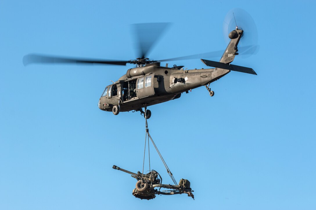 A UH-60 Black Hawk helicopter slingloads a M119A3 howitzer to a firing range.