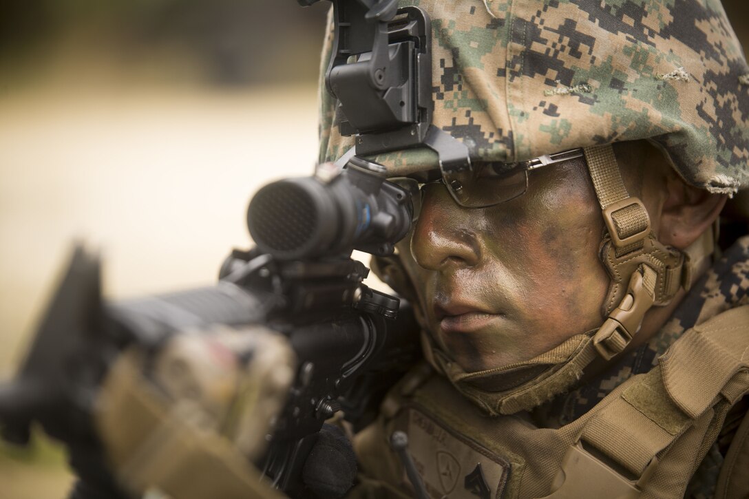 U.S. Marine Cpl. Jason Cheama posts security during Exercise Samurai Jan. 23, 2018, on Camp Hansen, Okinawa, Japan. Marines with Headquarters and Support Battalion, 3rd Marine Division trained to refine their skills for Division operations in an expeditionary environment. Cheama, a native of Zuni, New Mexico, supported the exercise as an assistant team leader in a provisional rifle squad.
