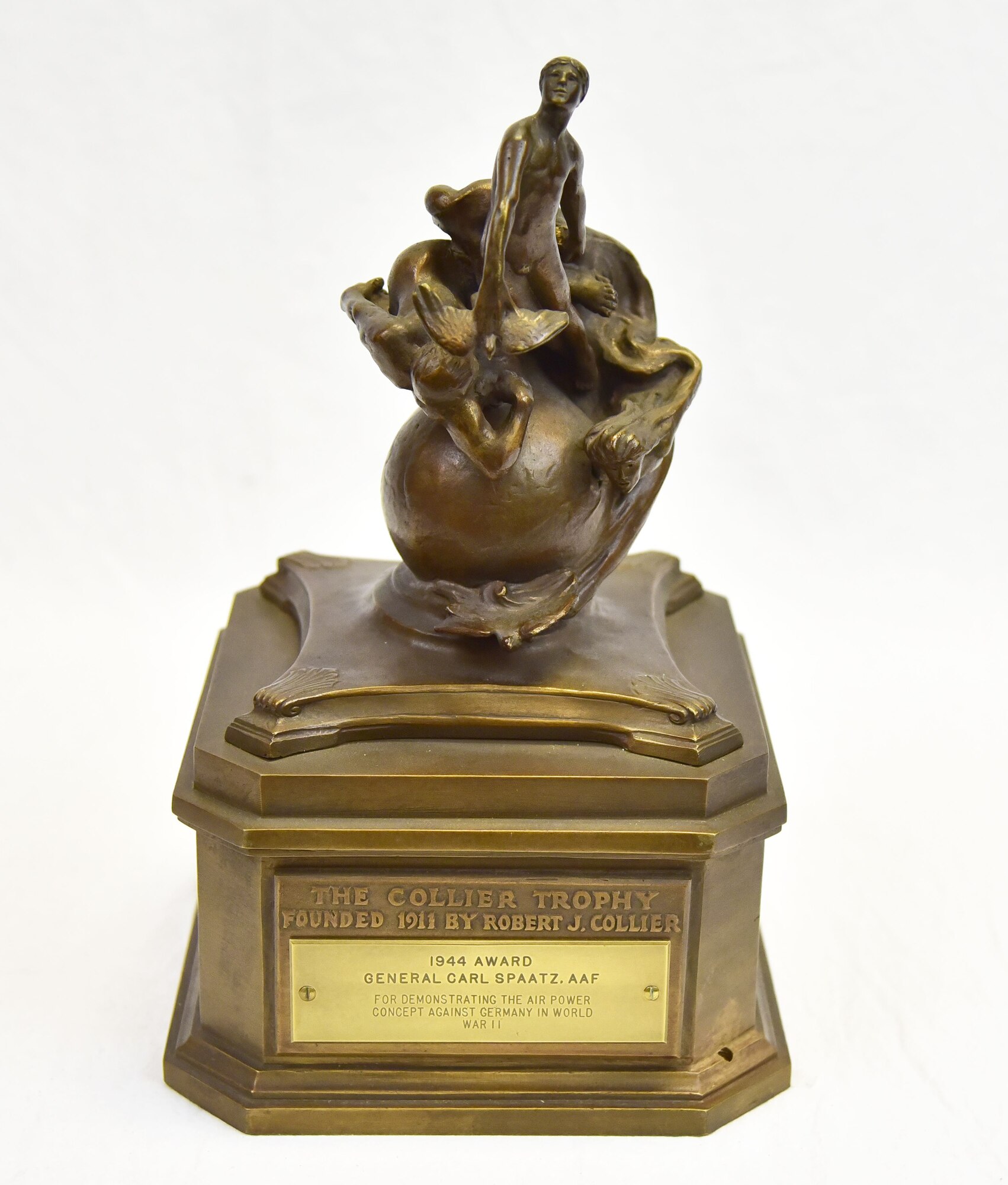 Plans call for this artifact to be displayed near the B-17F Memphis Belle™ as part of the new strategic bombardment exhibit in the WWII Gallery, which opens to the public on May 17, 2018. 1944 Collier Trophy awarded to Gen Carl Spaatz for “demonstrating the air power concept in the war against Germany.”