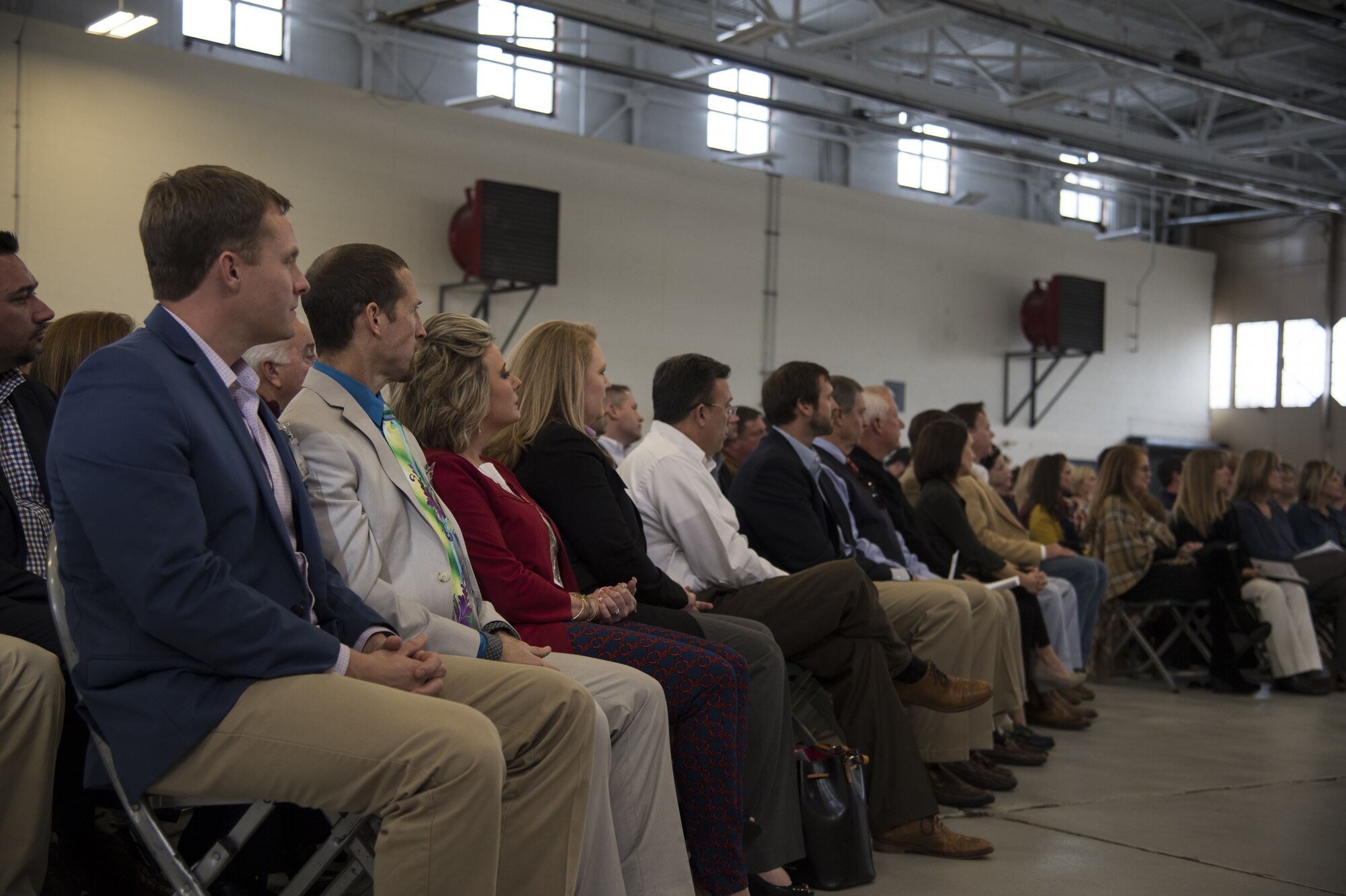Incoming honorary commanders prepare to join their respective units during an Honorary Commander Change of Command ceremony at Moody Air Force Base, Ga., Jan. 26, 2018. The Honorary Commander Program allows local community leaders to gain awareness of Moody’s mission through official and social functions. (U.S. Air Force photo by Staff Sgt. Olivia Dominique)
