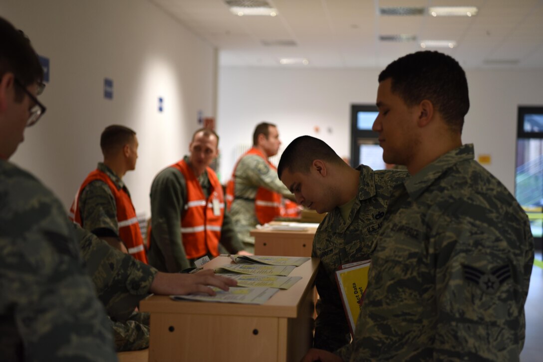 A U.S. Airman assigned to the 86th Logistics Readiness Group takes part in an intelligence briefing during a mobility exercise on Ramstein Air Base, Germany Jan. 26, 2018. This was the first deployment exercise in more than 4 years at Ramstein.