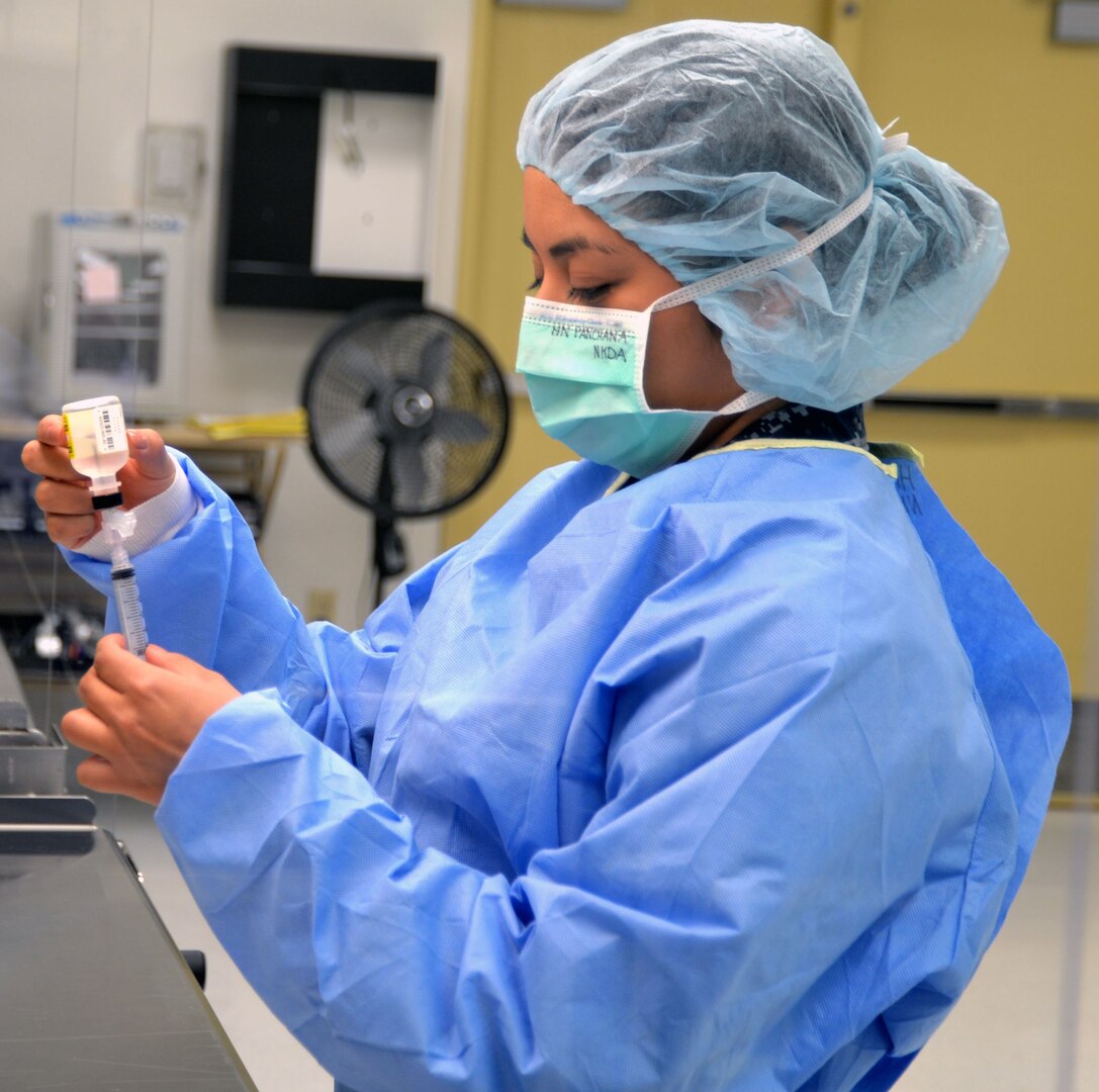 Navy Seaman Michelle Panchana works in the pharmacy laboratory at the Medical Education and Training Campus at Joint Base San Antonio-Fort Sam Houston. She is training to become a pharmacy technician in the METC Pharmacy Program and is scheduled to graduate in April.