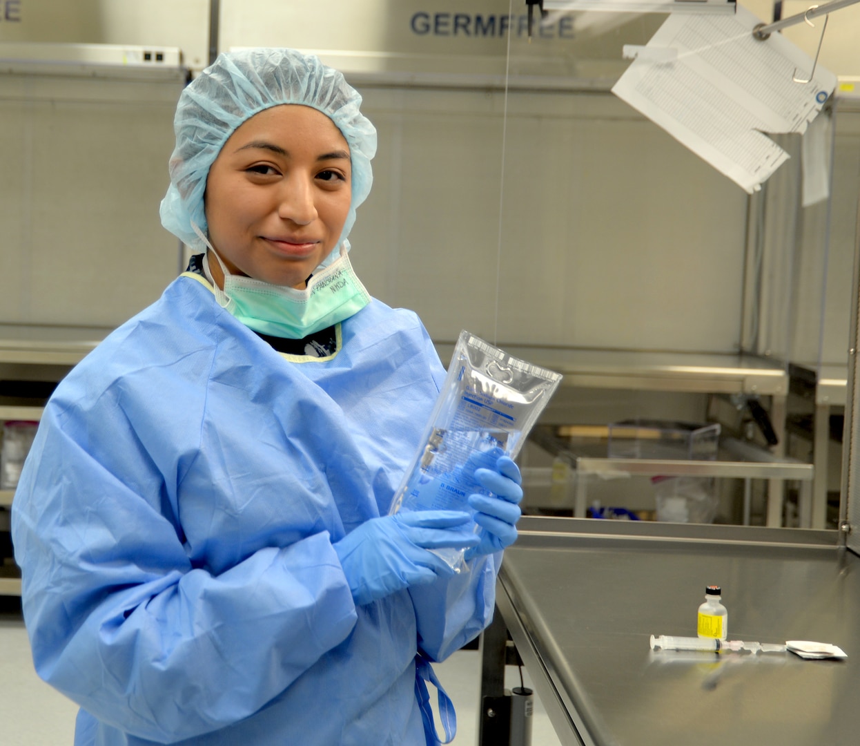 Navy Seaman Michelle Panchana poses in the pharmacy laboratory at the Medical Education and Training Campus at Joint Base San Antonio-Fort Sam Houston. She is training to become a pharmacy technician in the METC Pharmacy Program.