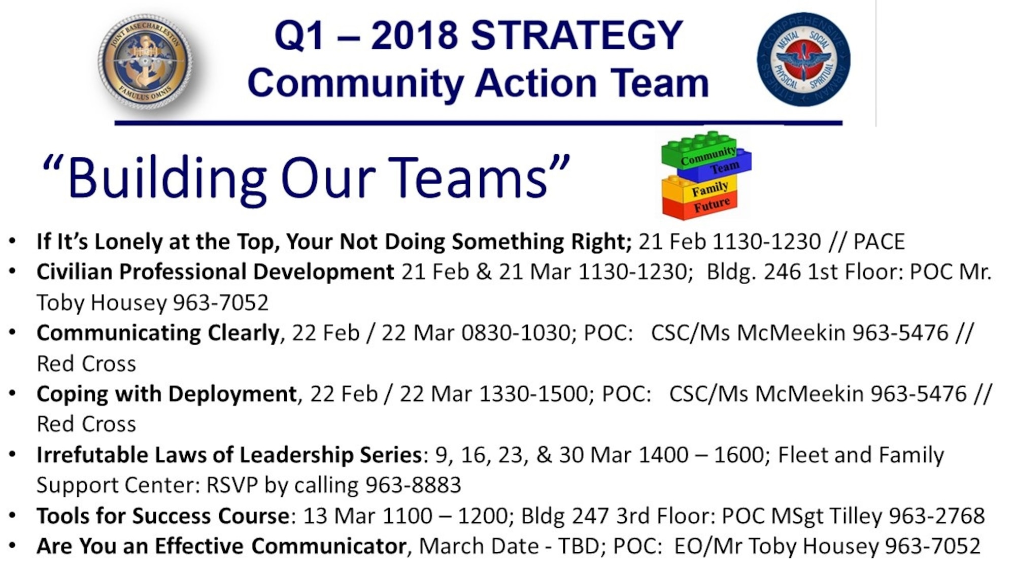 The Community Action Team is a group that focuses on collaboration as a tool to identify the needs and trends of service members and their families here. The goal of the Community Action Team is to build healthy military and family members through partnership between agencies on base.