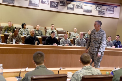 U.S. Air Force Gen. John Hyten, commander of U.S. Strategic Command (USSTRATCOM), delivers remarks during the inaugural non-commissioned officer (NCO) and petty officer (PO) joint professional development seminar at Offutt Air Force Base, Neb., Jan. 25, 2018. During the two-day course, NCOs and POs assigned to USSTRATCOM and the 55th Wing discussed leadership techniques with senior enlisted leaders and officers through a series of discussion panels and briefings. This pilot course was developed by USSTRATCOM’s senior enlisted leaders to enhance the effectiveness of soldiers, sailors, airmen and Marines at the E-5 and E-6 level through joint professional military education.