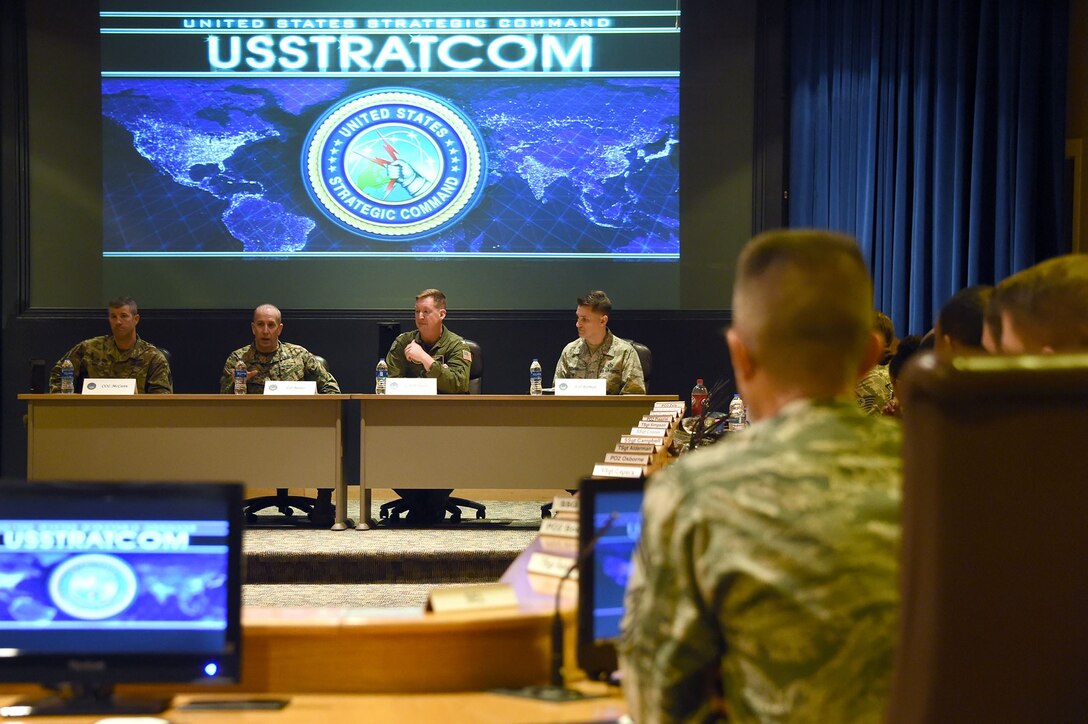 Left to right: U.S. Army Col. Kevin McCann, capability and resource analysis division chief in U.S. Strategic Command’s (USSTRATCOM) Capability and Resource Integration directorate; U.S. Marine Corps Col. Branden Bailey, Joint Fires Element division chief in USSTRATCOM’s Global Operations directorate; U.S. Navy Capt. Clinton Smith, Training division chief in USSTRATCOM’s Global Operations directorate; and U.S. Air Force Col. Jeffrey Raiman, Strategic Targeting Intelligence division chief in USSTRATCOM’s Plans and Policy (nuclear) directorate, participate in a graduated commander’s panel during the inaugural non-commissioned officer (NCO) and petty officer (PO) joint professional development seminar at Offutt Air Force Base, Neb., Jan. 24, 2018. During the two-day course, NCOs and POs assigned to USSTRATCOM and the 55th Wing discussed leadership techniques with senior enlisted leaders and officers through a series of discussion panels and briefings. This pilot course was developed by USSTRATCOM’s senior enlisted leaders to enhance the effectiveness of soldiers, sailors, airmen and Marines at the E-5 and E-6 level through joint professional military education.