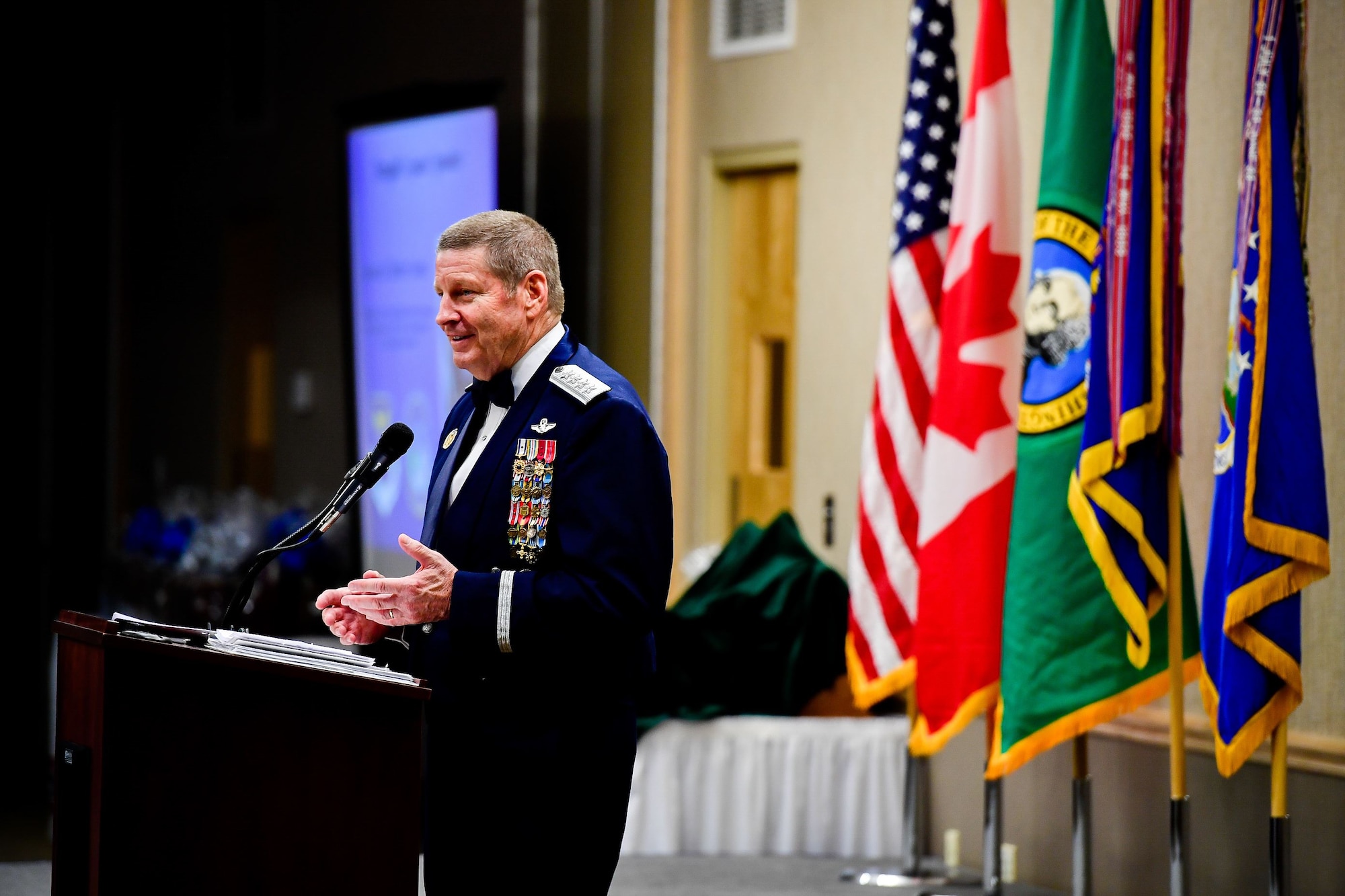 Gen. Robin Rand, Air Force Global Strike Command and Air Forces Strategic-Air, U.S. Strategic Command commander, speaks at the Washington Air National Guard's 9th Annual Awards Banquet held at the American Lake Conference Center on Joint Base Lewis-McChord, Washington, Jan. 27, 2018.  (U.S. Air National Guard Photo by Tech. Sgt. Timothy Chacon)