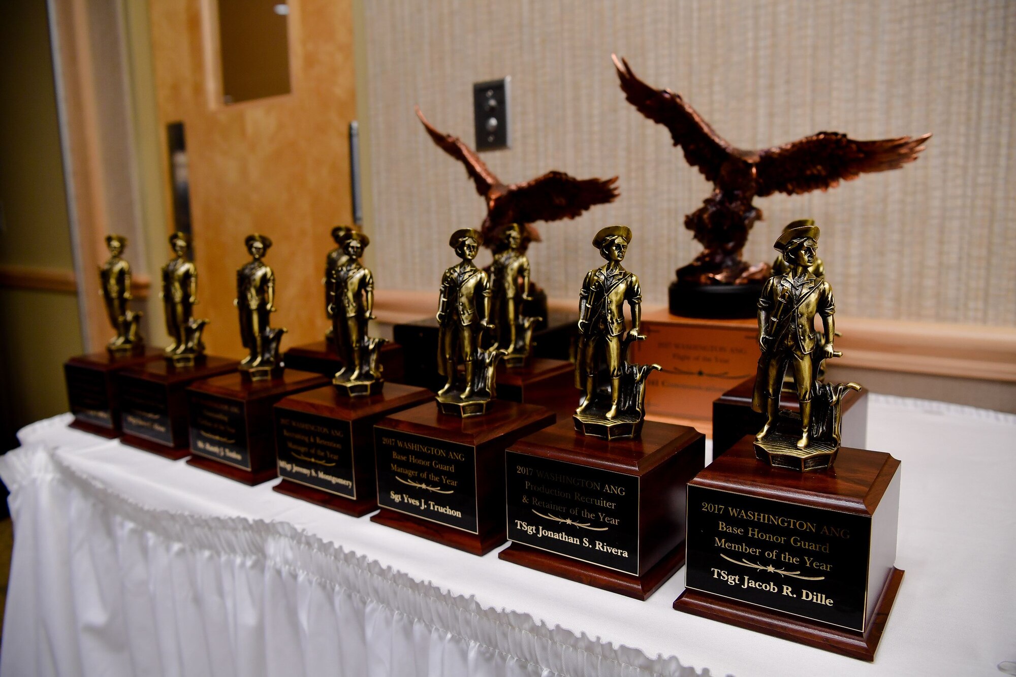 The Washington Air National Guard's 9th Annual Awards trophies are ready to be awarded to the top Airmen in 12 categories.  The banquet was held at the American Lake Conference Center on Joint Base Lewis-McChord, Washington, Jan. 27, 2018. (U.S. Air National Guard Photo by Tech. Sgt. Timothy Chacon)