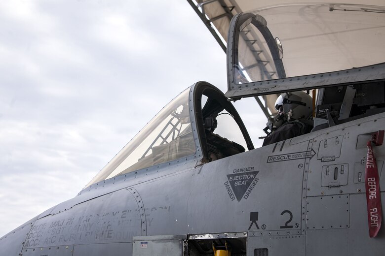 Charlie Johnson, 23d Civil Engineer Squadron (CES) assistant fire chief of training, sits in the cockpit of an A-10C Thunderbolt II, Jan. 25, 2018, at Moody Air Force Base, Ga. Firefighters from the 23d CES conducted A-10C Thunderbolt II extraction training to practice extinguishing an aircraft fire and quickly rescuing a pilot from an A-10. The 23d CES holds the extraction training twice annually and are evaluated on the amount of time it takes them to rescue a pilot from the cockpit. (U.S. Air Force photo by Airman Eugene Oliver)