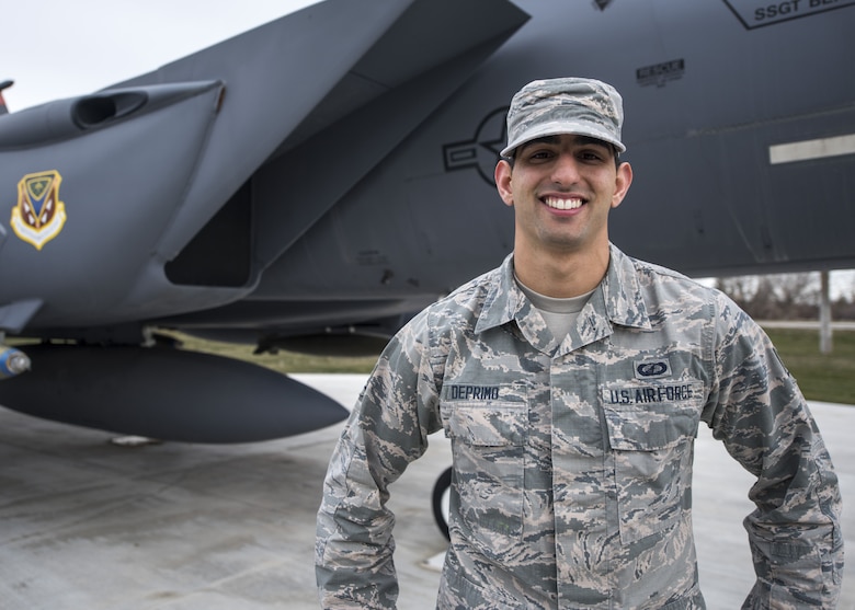 Senior Airman Angelo DePrimo, 366th Contracting Squadron contract specialist, poses for a photo at Mountain Home Air Force Base, Idaho, Jan. 29, 2018. DePrimo submitted his package for officer training school this month and will find out if he is selected in March.
