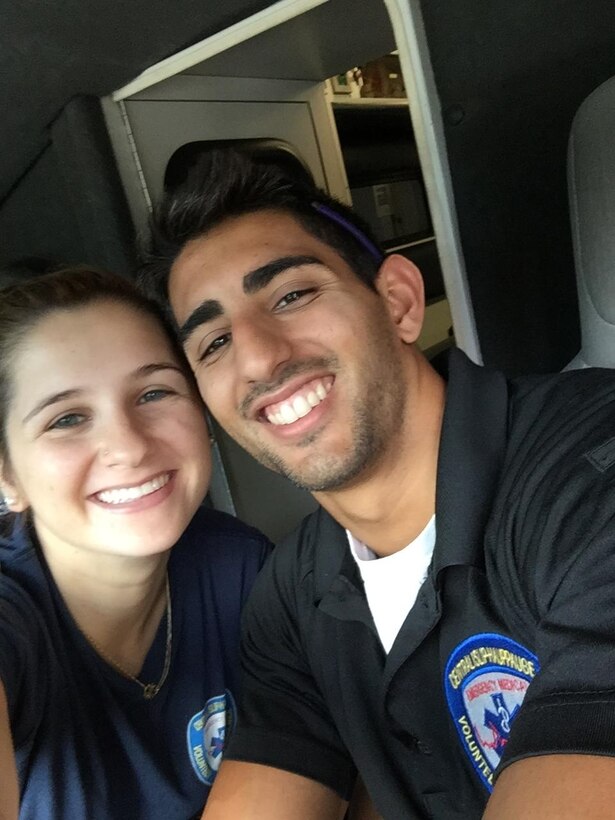 Senior Airman Angelo DePrimo, 366th Contracting Squadron contract specialist, poses for a photo with his wife, Leah, after their shift as emergency medical technicians in New York City. Before joining the Air Force, DePrimo worked as an EMT for the second busiest unit in New York City.