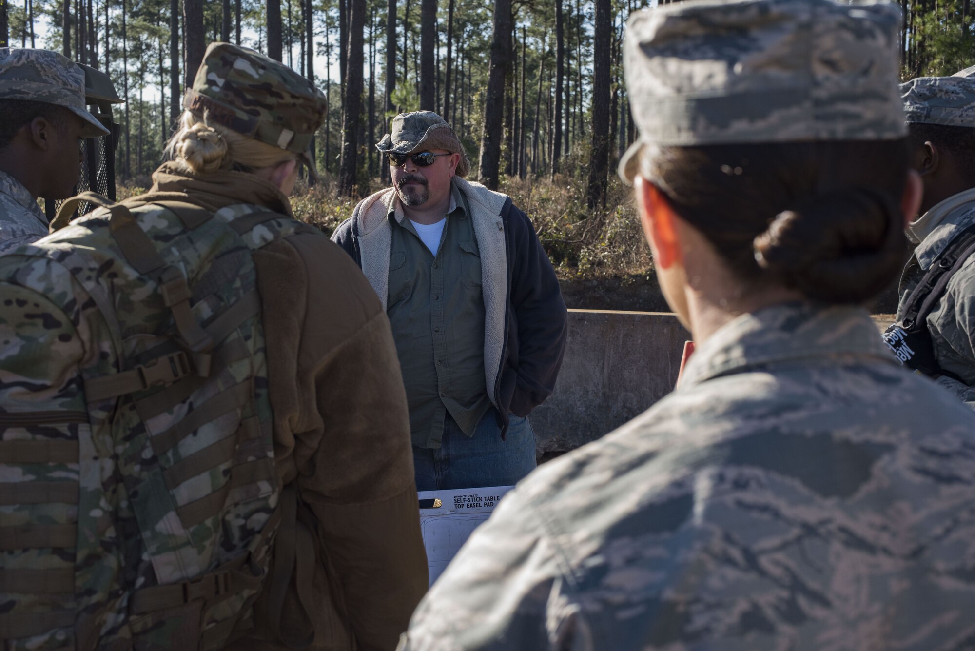 Matthew Brogan, 820th Combat Operations Squadron junior counter-improvised explosive device (IED) integrator, briefs 820th Base Defense Group members before training, Jan. 24, 2018, at Moody Air Force Base, Ga. The 820th BDG defenders trained on how to detect IEDs and counter measures to take when one is found. IEDs have become one of the most common forms of attack in the Middle East since 2003. (U.S. Air Force photos by Staff Sgt. Eric Summers Jr.)