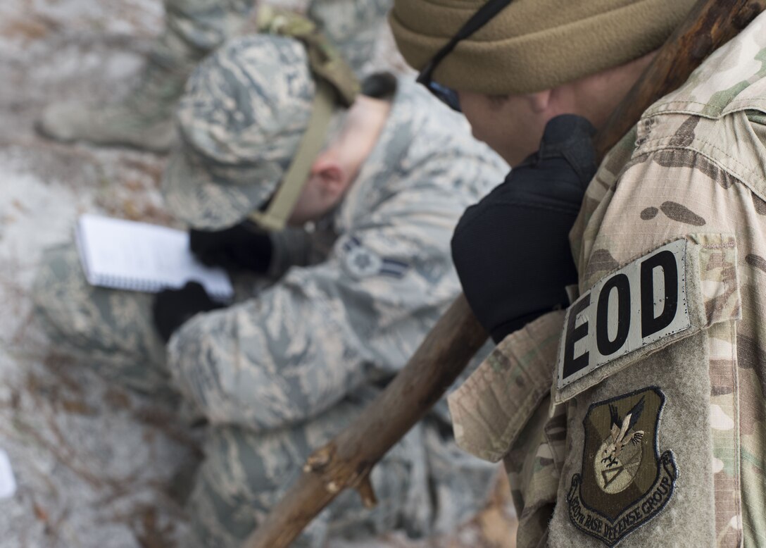 An explosive ordnance disposal technician from the 820th Combat Operations Squadron reviews nine-line notes taken during counter-improvised explosive device training, Jan. 24, 2018, at Moody Air Force Base, Ga. The 820th Base Defense Group defenders trained on how to detect IEDs and counter measures to take when one is found. IEDs have become one of the most common forms of attack in the Middle East since 2003. (U.S. Air Force photos by Staff Sgt. Eric Summers Jr.)