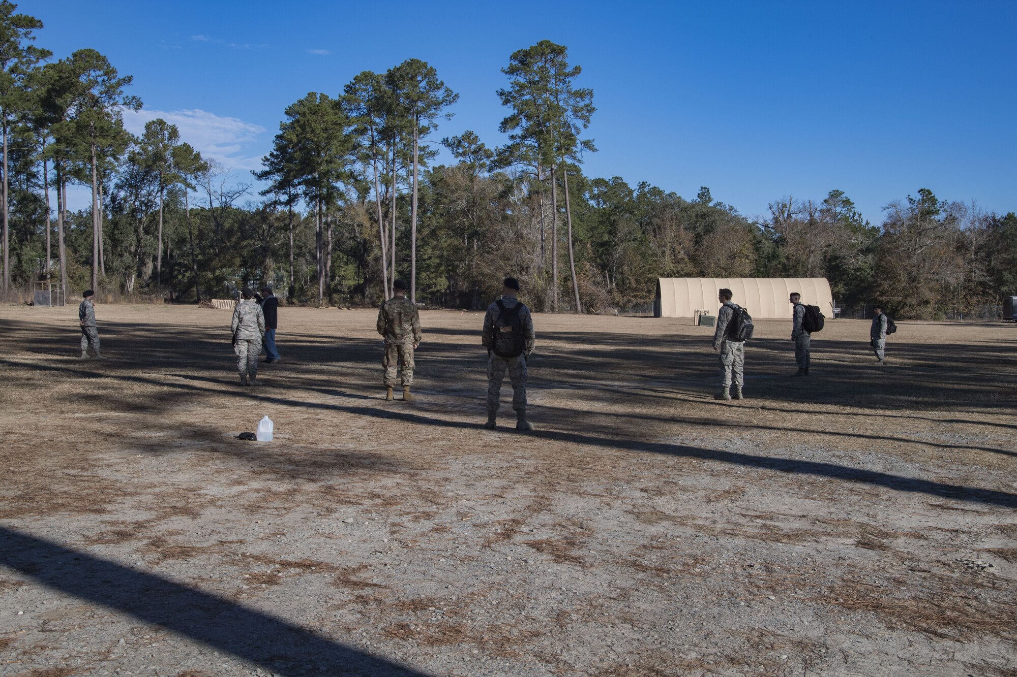 Members of the 820th Base Defense Group practice sweep formations during counter-improvised explosive device training, Jan. 24, 2018, at Moody Air Force Base, Ga. The 820th BDG defenders on how to detect IEDs and counter measures to take when one is found. IEDs have become one of the most common forms of attack in the Middle East since 2003. (U.S. Air Force photos by Staff Sgt. Eric Summers Jr.)