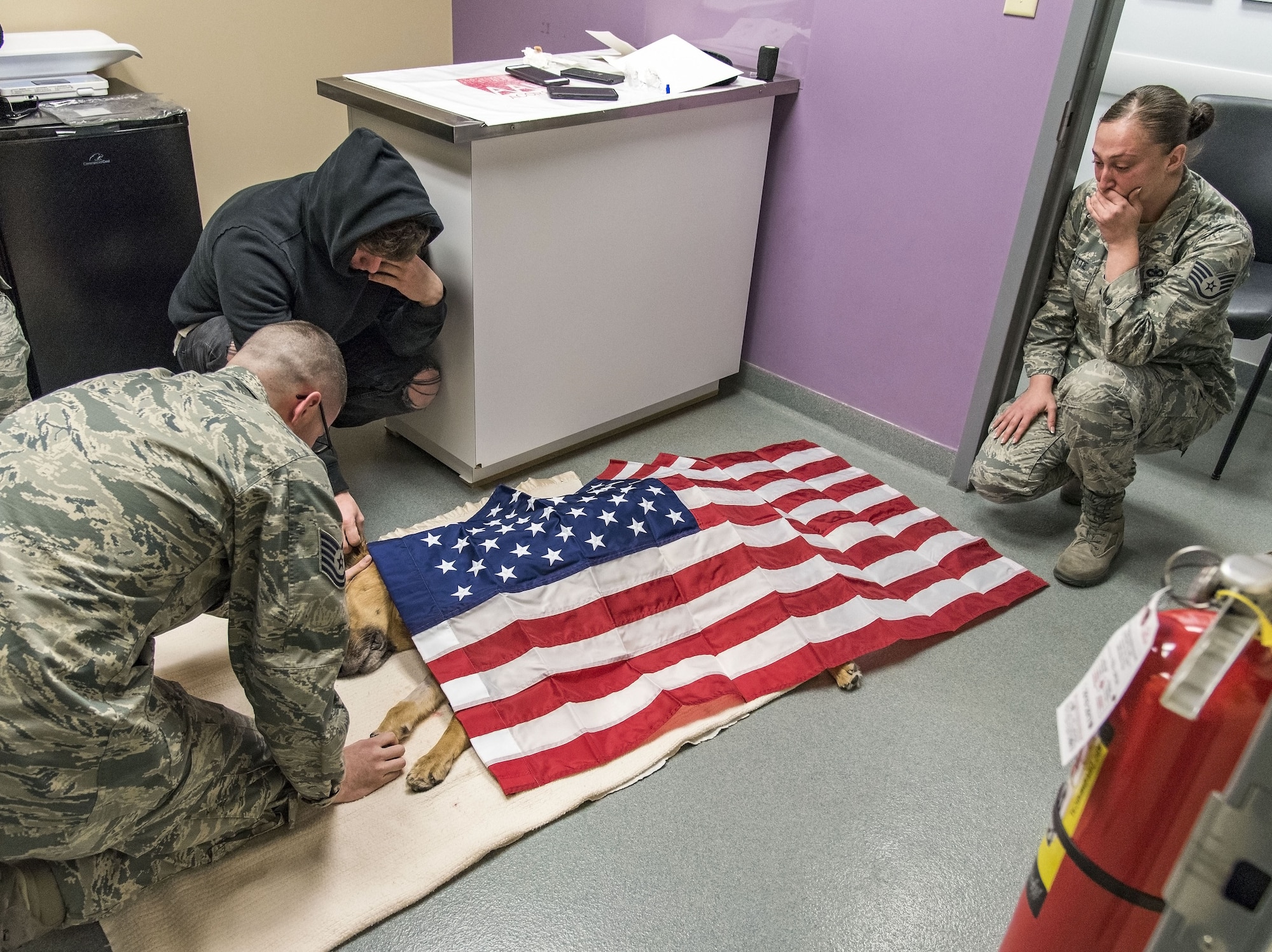 Tech. Sgt. Matthew Salter, 436th Security Forces Squadron military working dog kennel master; retired Tech. Sgt. Jason Spangenberg, owner of retired Military Working Dog Rico; and Staff Sgt. Ashley Beattie, 436th SFS unit deployment manager, grieve over the U.S. flag-draped body of MWD Rico Jan. 24, 2018, at the Veterinary Treatment Facility on Dover Air Force Base, Del. MWD Rico was humanely euthanized by a U.S. Army veterinarian due to his declining health condition caused by Canine Degenerative Myelopathy. (U.S. Air Force photo by Roland Balik)