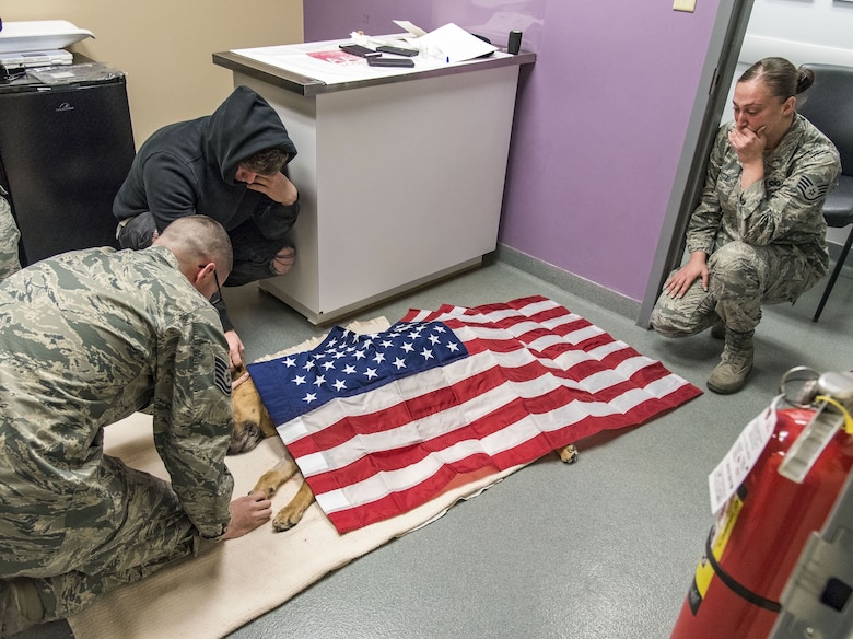 Tech. Sgt. Matthew Salter, 436th Security Forces Squadron military working dog kennel master; retired Tech. Sgt. Jason Spangenberg, owner of retired Military Working Dog Rico; and Staff Sgt. Ashley Beattie, 436th SFS unit deployment manager, grieve over the U.S. flag-draped body of MWD Rico Jan. 24, 2018, at the Veterinary Treatment Facility on Dover Air Force Base, Del. MWD Rico was humanely euthanized by a U.S. Army veterinarian due to his declining health condition caused by Canine Degenerative Myelopathy. (U.S. Air Force photo by Roland Balik)