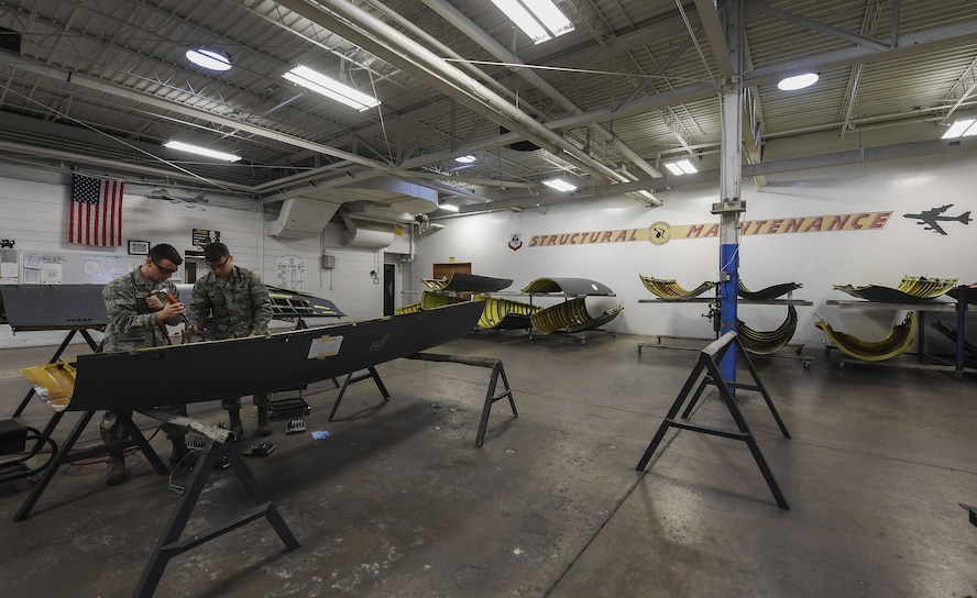 The 5th Maintenance Squadron aircraft structural maintenance shop is responsible for repairing damage and wear to B-52H Stratofortresses at Minot Air Force Base, N.D. Structural maintenance also provides equipment maintenance and special support for the Minuteman III missiles and UH-1N Iroquois helicopters.
