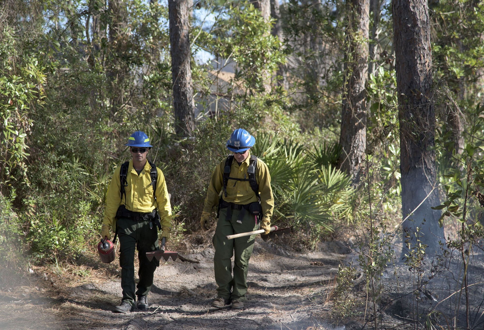 Air Force Civil Engineer Center wildland fire managers conduct a prescribed burn at White Point Recreation Area on the Eglin reservation in Florida. Prescribed fires maintain the base's ecosystem in its pristine state, reduce dangerous buildup of understory and enable maximum flexibility to conduct test and training missions without causing catastrophic wildfires.The Fire Management division here applies prescribed fire to an average of 90,000 acres annually.