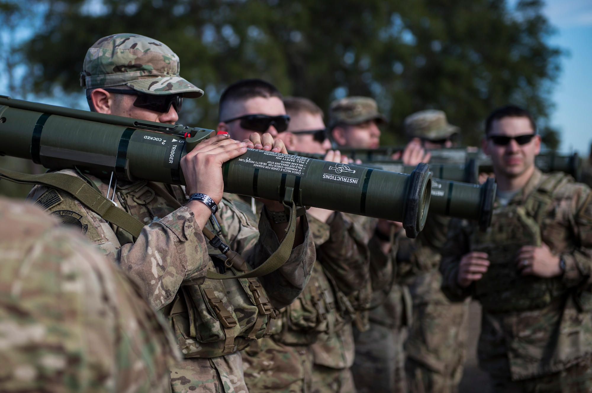 Airmen practice the firing procedures for an M136E1 AT4-CS confined space light anti-armor weapon, Jan. 24, 2018, at Camp Blanding Joint Training Center, Fla. During Weapons Week, Airmen qualify on heavy weapons to include the M2 machine gun, Mark 19 40mm grenade machine gun, M240B machine gun, M249 light machine gun, M136E1 AT4-CS confined space light anti-armor weapon, and M18 Claymore mine. (U.S. Air Force photo by Senior Airman Janiqua P. Robinson)