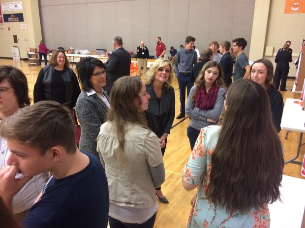 CRANE, Ind. – On Jan. 26, Bloomfield students had the opportunity to present to teachers, Naval Surface Warfare Center, Crane Division (NSWC Crane) volunteers, community partners and a special guest, Superintendent of Public Instruction Jennifer McCormick at Bloomfield High School during the final Workplace Simulation Project Day.