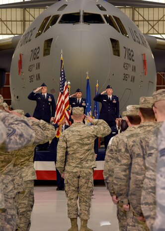 Col. Mark Harris, left, 437th Maintenance Group commander, Lt. Col. Michael Coppola, center, 437th Maintenance Squadron outgoing commander, and Maj. David Rhodes, right, 437th MXS incoming commander,  salute for the singing of the National Anthem, during a change of command ceremony at Joint Base Charleston, S.C., Jan. 26, 2018. This ceremony serves as the formal transfer of power by passing the guideon from the outgoing commander to the incoming commander.