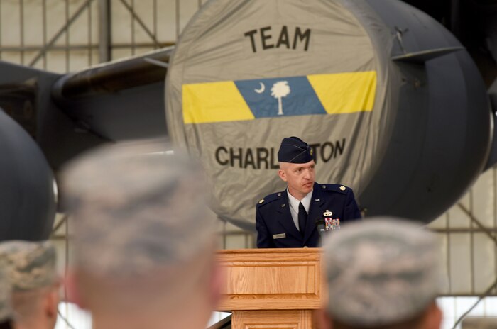 Maj. David Rhodes, 437th Maintenance Squadron incoming commander, addresses the 437th MXS for the first time as their, during a change of command ceremony at JB Charleston, S.C., Jan. 26, 2018. Rhodes came to Charleston after serving as the Operations Air and Expeditionary Force scheduling section chief, at JB San Antonio Randolph Air Force Base, TX.