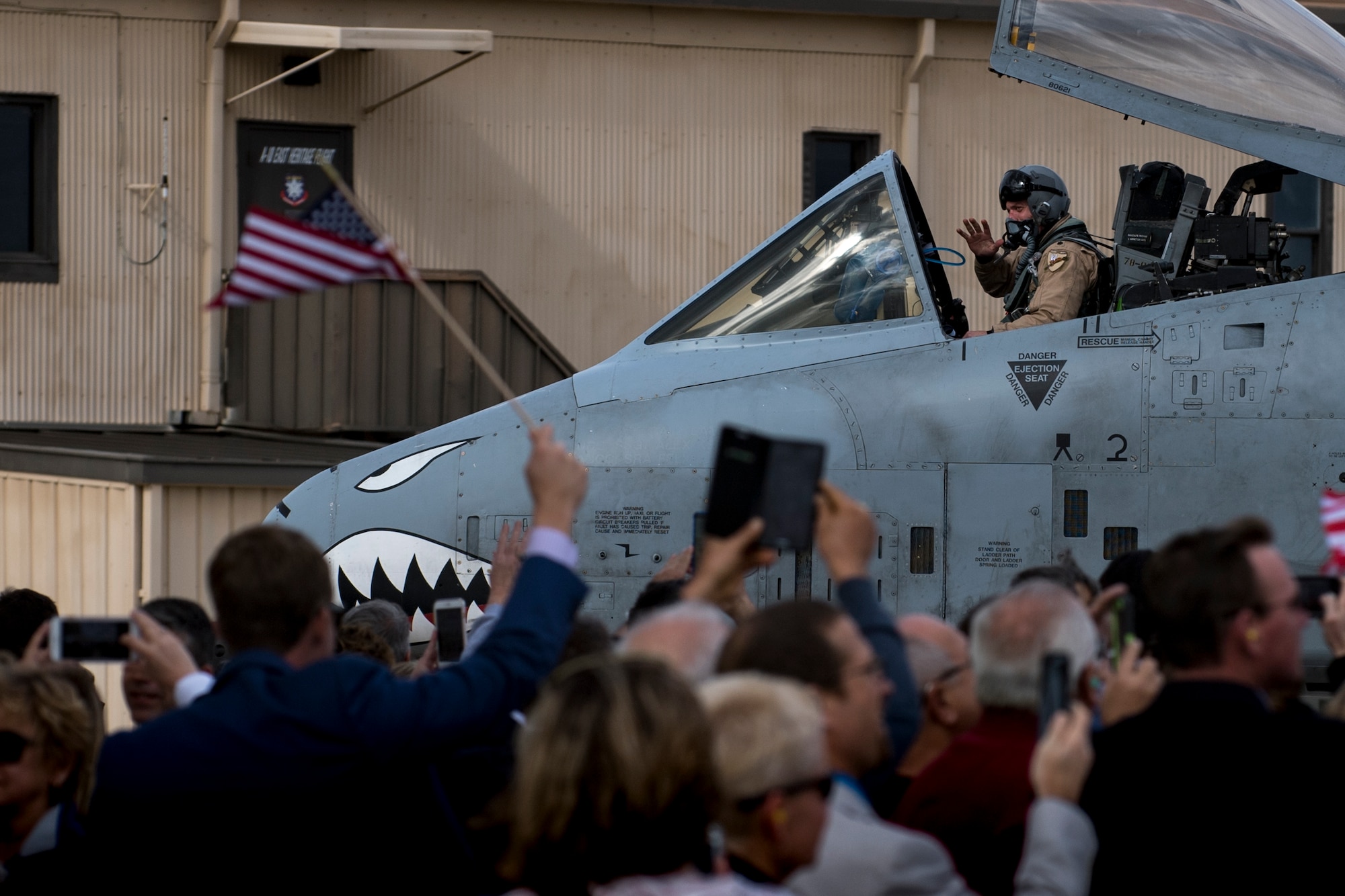 A pilot from the 74th Fighter Squadron taxis past a crowd of family and friends after returning from a deployment, Jan. 26, 2018, at Moody Air Force Base, Ga. During the seven-month deployment, the 74th FS flew more than 1,700 sorties, employed weapons more than 4,400 times, destroyed 2,300 targets and killed 2,800 ISIS insurgents. (U.S. Air Force photo by Senior Airman Daniel Snider)