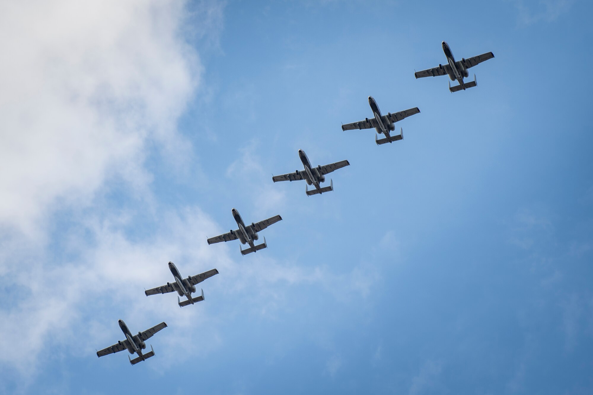 Six A-10C Thunderbolt IIs fly in formation over Moody Air Force Base, Ga. during a return from deployment, Jan. 26, 2018. More than 300 Airmen from Moody deployed for seven months in support of Operation Inherent Resolve to defeat ISIS in designated areas in Iraq and Syria. (U.S. Air Force photo by Tech. Sgt. Zachary Wolf)