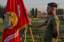 U.S. Marine Corps Sgt. Jonathan Ortiz with 11th Marine Regiment, 1st Marine Division, stands at parade rest during a field meet at Marine Corps Base Camp Pendleton, Calif., Jan. 11, 2018.