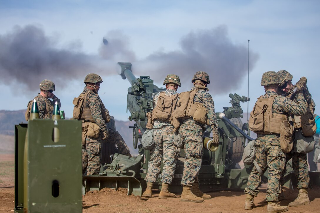 U.S. Marines with Fox Battery, 2nd Battalion, 11th Marine Regiment, 1st Marine Division, fire a M777A2 155mm howitzer during a weapons demonstration at Marine Corps Base Camp Pendleton, Calif., Jan. 16, 2018.