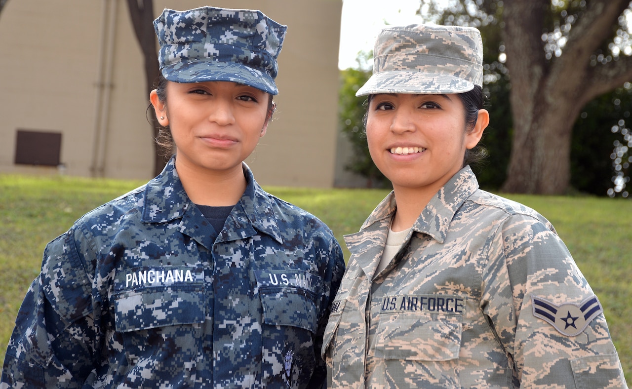 Sisters and service members, Navy Seaman Michelle Panchana (left) and Air Force Airman 1st Class Gisella Panchana (right) were students together at the Medical Education and Training Campus at Joint Base San Antonio-Fort Sam Houston from August 2017 to January 2018. Airman Panchana graduated from the METC Radiology Program Jan. 30, while Seaman Panchana is scheduled to complete the METC Pharmacy Program in April.