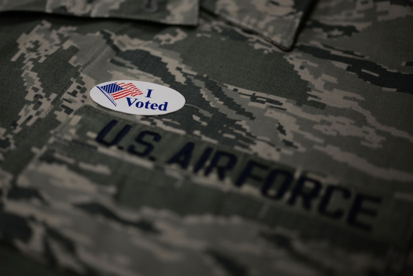 I voted sticker on a military uniform.