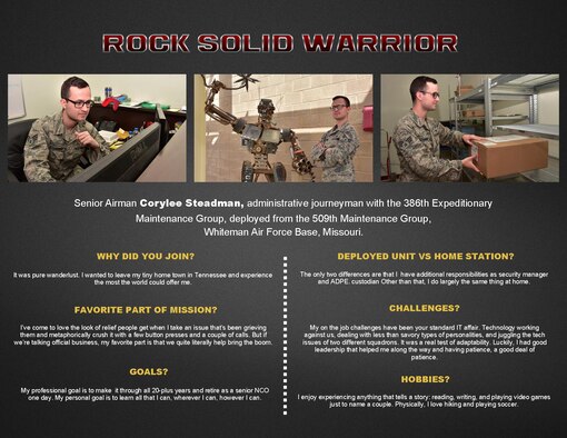 The Rock Solid Warrior program is a way to recognize and spotlight the Airmen of the 386th Air Expeditionary Wing for their positive impact and commitment to the mission.