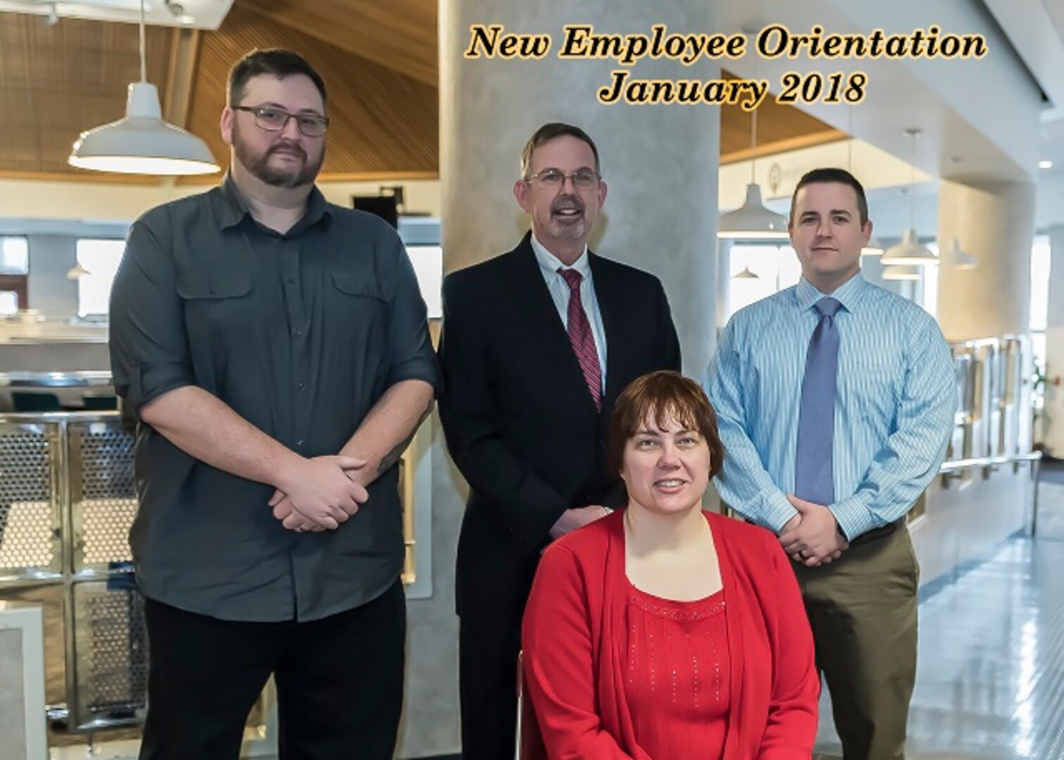 Three new employees attended the New Employee Orientation on January 24 and 25, 2018 and had their picture taken with Mr. Warren Griffin.  Seated Lorie Huff, right to left, Michael Rowland, Mr. Griffin and Micah Underwood.