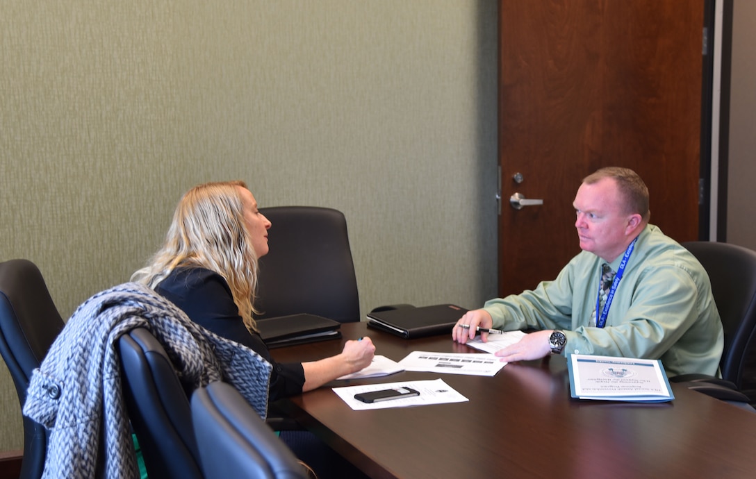 DLA Distribution Hill, Utah’s, new director, Jim McArthur (right) meets with AJ Brandt, to discuss the DLA Sexual Assault Prevention and Response program during his visit to the New Cumberland, Pennsylvania, headquarters the week of Jan. 23 to 26.