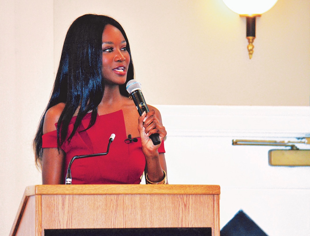 United States Army Reserve Capt. and 2016 Miss USA Deshauna Barber was welcomed as the keynote speaker for the annual Prince William County Chamber of Commerce Veterans Council Salute to the Armed Forces event at The Clubs of Quantico, aboard Marine Corps Base Quantico.