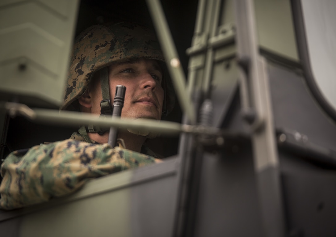 U.S. Marine Master Sgt. John W. Miles leads a convoy operation during Exercise Samurai Jan. 23, 2018, on Camp Hansen, Okinawa, Japan. Marines with Headquarters and Support Battalion, 3rd Marine Division trained to refine their skills for Division operations in an expeditionary environment. Miles, a native of Knoxville, Tennessee, supported the exercise as the administrative senior enlisted advisor.