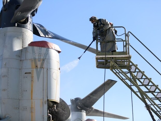 Marines with Marine Light Attack Helicopter Squadron (HMLA) 267 and Marine Aircraft Group (MAG) 39 chemical, biological, radiological and nuclear (CBRN) prepare for detailed aircraft decontamination training at Marine Corps Air Ground Combat Center, Twentynine Palms, Calif., Jan. 25. HMLA-267 Marines learned the five station, five-stage process and will now serve as subject matter experts on aircraft decontamination for their respective unit’s aircraft.