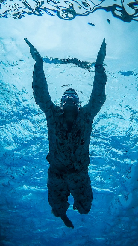 A U.S. Marine Corps infantryman with Detachment 4th Force Reconnaissance Company conducts a pool training event, Marine Corps Base Hawaii, Jan. 22, 2018.