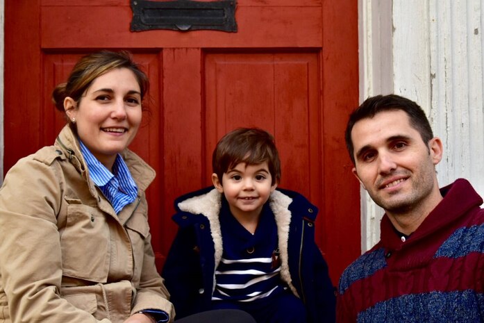 Capt. David Martinez Guillen, right, a Spanish Air Force pilot attached to the 16th Airlift Squadron at Joint Base Charleston, smiles with wife Cristina, left, and son, Alejandro, center, in downtown Charleston, S.C., Nov. 24, 2017.