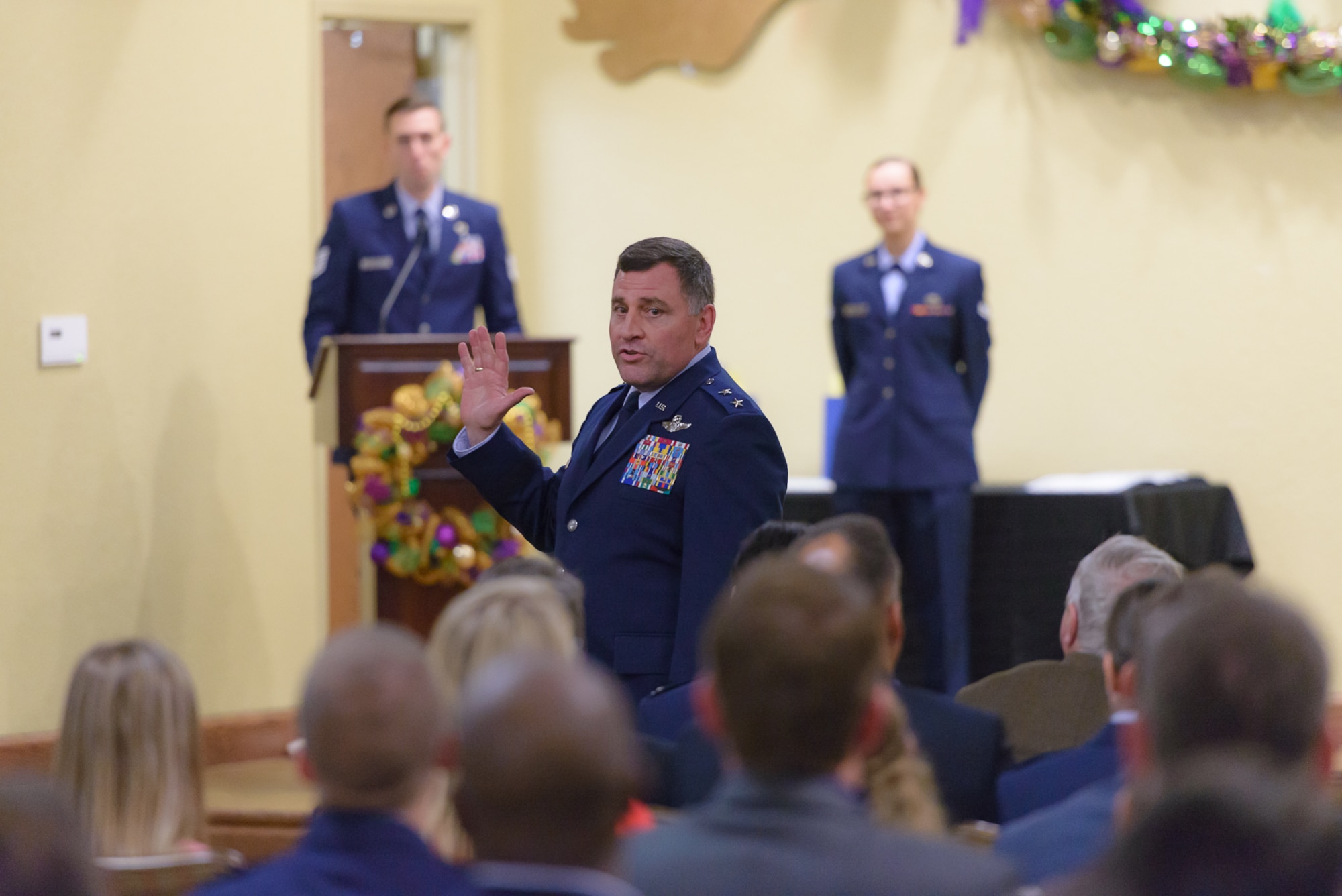 Maj. Gen. Timothy Leahy, 2nd Air Force commander, delivers the opening remarks to the honorary commanders and Keesler leadership during the 2018 Honorary Commanders Induction Ceremony at the Bay Breeze Event Center Jan. 26, 2018, on Keesler Air Force Base, Mississippi. The event recognized the newest members of Keesler’s honorary commanders program, which is a partnership between base leadership and local civic leaders to promote strong ties between military and civilian leaders. (U.S. Air Force photo by André Askew)
