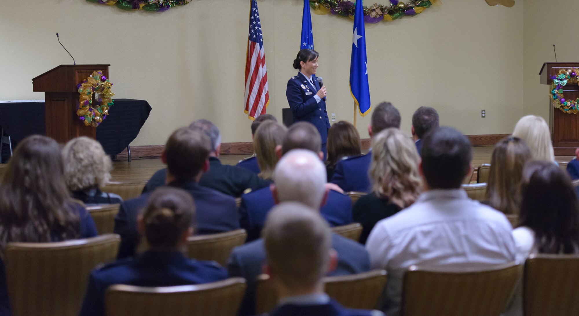 Col. Debra Lovette, 81st Training Wing commander, delivers closing remarks during the 2018 Honorary Commanders Induction Ceremony at the Bay Breeze Event Center Jan. 26, 2018, on Keesler Air Force Base, Mississippi. The event recognized the newest members of Keesler’s honorary commanders program, which is a partnership between base leadership and local civic leaders to promote strong ties between military and civilian leaders. (U.S. Air Force photo by André Askew)