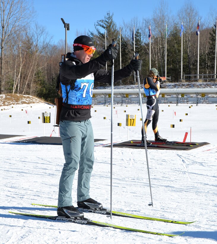 New York Army National Guard Capt. Joseph Moryl gets ready to push off on the skiing trail .