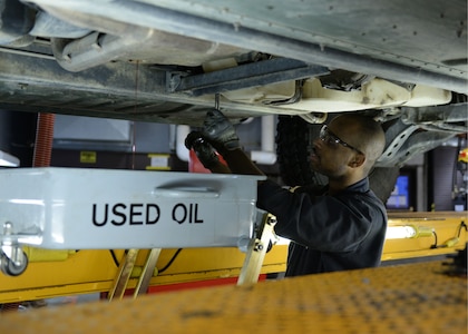 Airman 1st Class Rashaad Zimmerman, mission general vehicle equipment maintenance apprentice with the 673d Logistics Readiness Squadron Vehicle Maintenance, General Purpose shop, changes the oil in a Humvee, Jan. 25, 2018, at Joint Base Elmendorf-Richardson, Alaska. The General Purpose shop repairs and services bobtails, busses, forklifts, Humvees and Wollard MB-4’s.