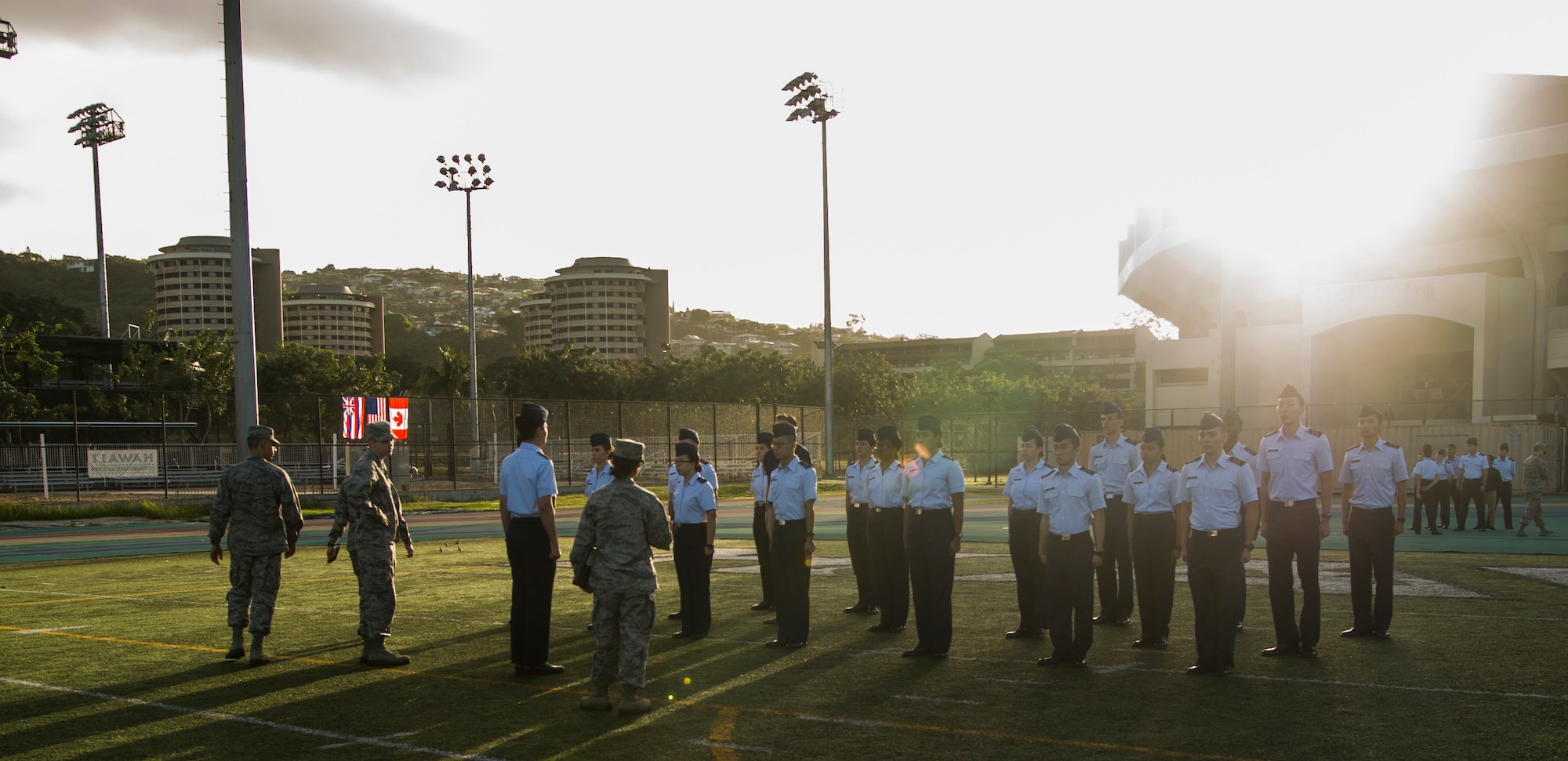 Cadets from Air Force ROTC Detachment 175, practice drill and ceremony maneuvers at Clarence T.C. Ching Field, University of Hawaii Manoa Campus, Honolulu, Jan. 26, 2018. Air Force ROTC is an opportunity for college students to earn a commission into the armed forces while completing their degrees. (U.S. Air Force photo by Tech. Sgt. Heather Redman)