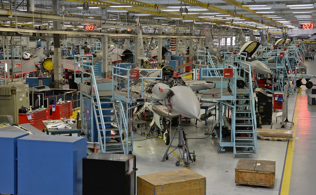 Several F-16s are seen in different stages of depot level maintenance on Jan. 9, 2018, at Hill Air Force Base, Utah. F-16 maintenance workloads are scheduled to increase at Hill over the next few years and last well into the 2040s. (U.S. Air Force photo by Alex R. Lloyd)
